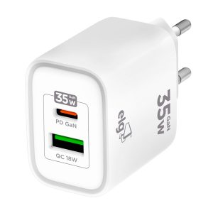 Carregador de Parede GaN Saída USB-A e USB-C – Branco